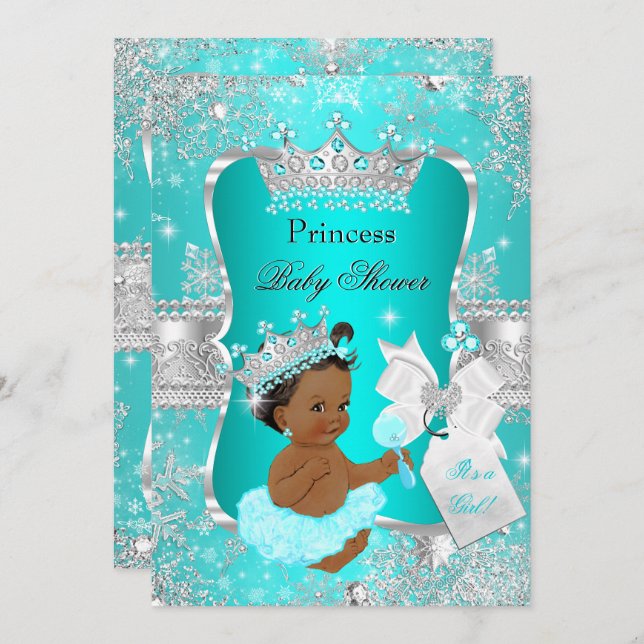 Aqua Teal Blue Princess Baby Shower Ethnic Invitation (Front/Back)