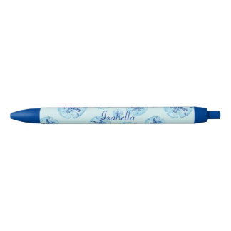 Aqua-teal blue sand dollar-custom monogram-name black ink pen