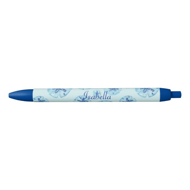 Aqua-teal blue sand dollar-custom monogram-name   black ink pen (Front)