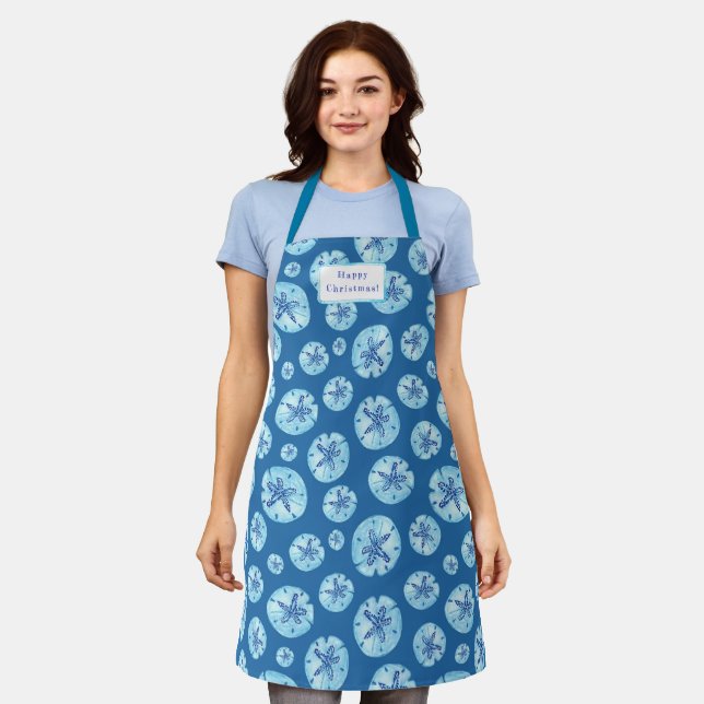 Aqua-teal blue sand dollar watercolor-custom name  apron (Worn)