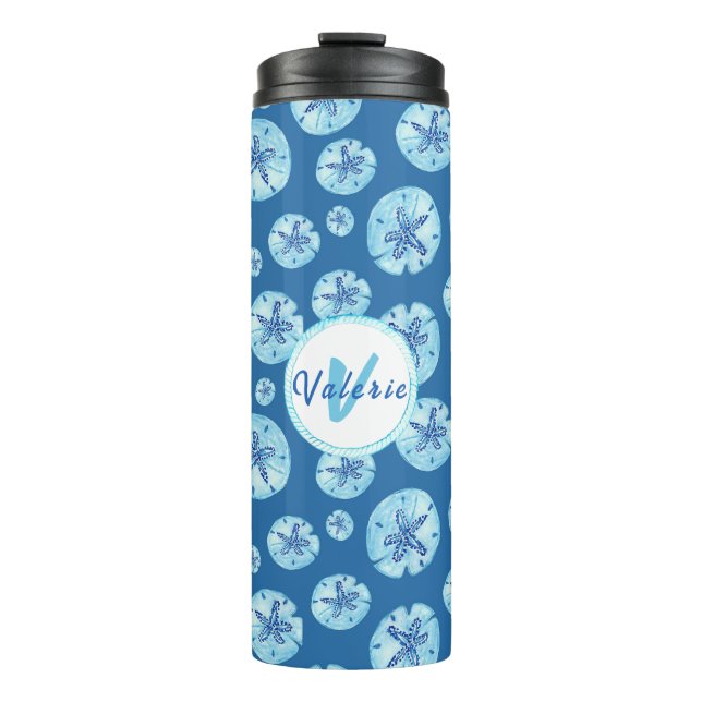 Aqua-teal blue sand dollar watercolor-custom thermal tumbler (Front)