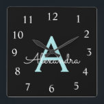 Aqua Teal Blue Script Girly Monogram Name<br><div class="desc">Aqua Blue Teal and Black Script Monogram Name Clock. This makes the perfect sweet 16 birthday,  wedding,  bridal shower,  anniversary,  baby shower or bachelorette party gift for someone that loves glam luxury and chic styles.</div>