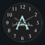 Aqua Teal Blue Script Girly Monogram Name<br><div class="desc">Aqua Teal Blue and Gold Simple Script Monogram Name Clock. This makes the perfect sweet 16 birthday,  wedding,  bridal shower,  anniversary,  baby shower or bachelorette party gift for someone that loves glam luxury and chic styles.</div>