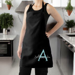 Aqua Teal Blue Script Girly Monogram Name<br><div class="desc">Black and Aqua Blue Teal Monogram Name Apron. This makes the perfect sweet 16 birthday,  wedding,  bridal shower,  anniversary,  baby shower or bachelorette party gift for someone that loves glam luxury and chic styles.</div>