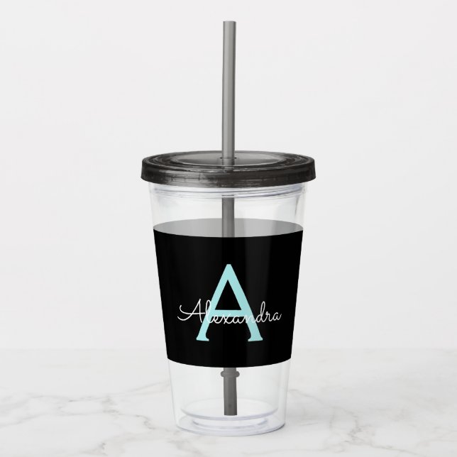 Aqua Teal Blue Script Girly Monogram Name Acrylic Tumbler (Front)