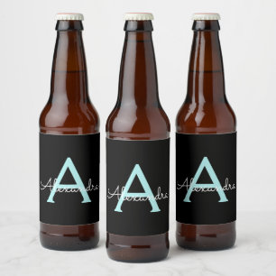 Aqua Teal Blue Script Girly Monogram Name Beer Bottle Label