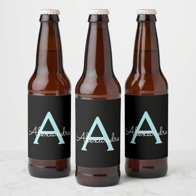 Aqua Teal Blue Script Girly Monogram Name Beer Bottle Label (Bottles)