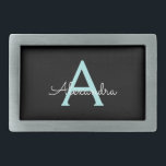 Aqua Teal Blue Script Girly Monogram Name Belt Buckle<br><div class="desc">Black and Aqua Teal Blue Simple Script Monogram Name Belt Buckle. This makes the perfect graduation,  sweet 16 16th,  18th,  21st,  30th,  40th,  50th,  60th,  70th,  80th,  90th,  100th birthday,  wedding,  bridal shower,  anniversary,  baby shower or bachelorette party gift for someone that loves glam luxury and chic styles.</div>