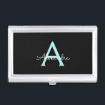 Aqua Teal Blue Script Girly Monogram Name Business Card Holder<br><div class="desc">Black and Aqua Blue Teal Simple Script Monogram Name Business Card Holder. This makes the perfect sweet 16 birthday,  wedding,  bridal shower,  anniversary,  baby shower or bachelorette party gift for someone that loves glam luxury and chic styles.</div>