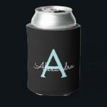Aqua Teal Blue Script Girly Monogram Name Can Cooler<br><div class="desc">Black and Aqua Blue Teal Simple Script Elegant Birthday or Bachelorette Party Can Coolers. These Wedding,  Bridal Shower or Birthday Party Can Coolers can be customised to include your first name. Please contact the designer for customised matching items.</div>