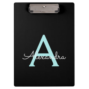 Aqua Teal Blue Script Girly Monogram Name Clipboard