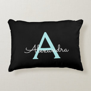 Aqua Teal Blue Script Girly Monogram Name Decorative Cushion