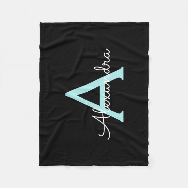 Aqua Teal Blue Script Girly Monogram Name Fleece Blanket (Front)