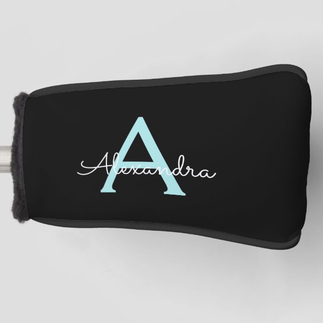 Aqua Teal Blue Script Girly Monogram Name Golf Head Cover (Front)