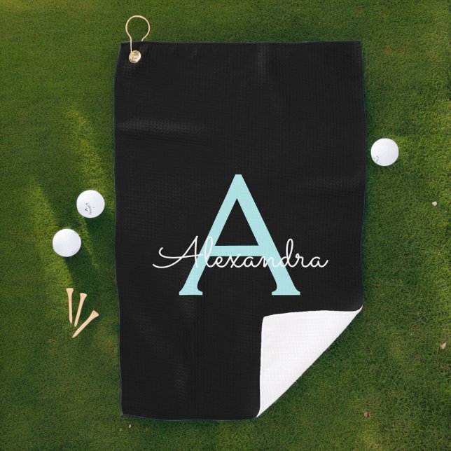 Aqua Teal Blue Script Girly Monogram Name Golf Towel (Creator Uploaded)
