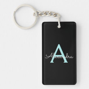 Aqua Teal Blue Script Girly Monogram Name Key Ring