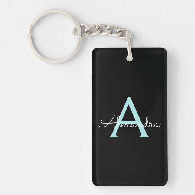 Aqua Teal Blue Script Girly Monogram Name Key Ring (Front)