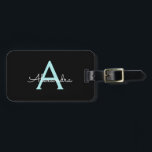 Aqua Teal Blue Script Girly Monogram Name Luggage Tag<br><div class="desc">Black and Aqua Blue Teal Monogram Add your own Name Script Luggage Bag Tag The bag tag makes the perfect sweet 16 birthday,  wedding,  bridal shower,  baby shower or bachelorette party gift for someone decorating her room in style.</div>