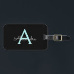 Aqua Teal Blue Script Girly Monogram Name Luggage Tag<br><div class="desc">Black and Aqua Blue Teal Monogram Add your own Name Script Luggage Bag Tag The bag tag makes the perfect sweet 16 birthday,  wedding,  bridal shower,  baby shower or bachelorette party gift for someone decorating her room in style.</div>