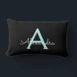 Aqua Teal Blue Script Girly Monogram Name Lumbar Cushion<br><div class="desc">Aqua Teal Blue and Black Monogram Add Your Own Name Lumbar Pillow. This makes the perfect sweet 16 birthday,  wedding,  bridal shower,  anniversary,  baby shower or bachelorette party gift for someone that loves glam luxury and chic styles.</div>