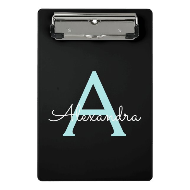 Aqua Teal Blue Script Girly Monogram Name Mini Clipboard (Front)