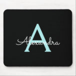 Aqua Teal Blue Script Girly Monogram Name Mouse Pad<br><div class="desc">Aqua Blue Teal and Black Monogram Add Your Own Name Mousepad (Mouse Pad). This makes the perfect sweet 16 birthday,  wedding,  bridal shower,  anniversary,  baby shower or bachelorette party gift for someone that loves glam luxury and chic styles.</div>