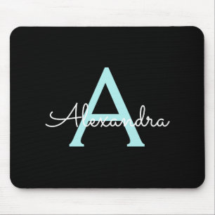 Aqua Teal Blue Script Girly Monogram Name Mouse Pad