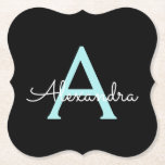 Aqua Teal Blue Script Girly Monogram Name Paper Coaster<br><div class="desc">Black and Aqua Teal Blue Simple Script Monogram Name Paper Coasters. This makes the perfect graduation,  birthday,  wedding,  bridal shower,  anniversary,  baby shower or bachelorette party gift for someone that loves glam luxury and chic styles.</div>