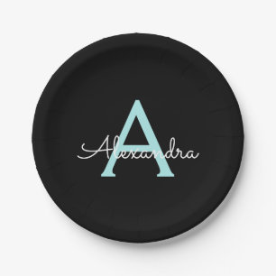 Aqua Teal Blue Script Girly Monogram Name Paper Plate