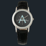Aqua Teal Blue Script Girly Monogram Name Watch<br><div class="desc">Black and Aqua Teal Blue Simple Script Monogram Name Watch. This makes the perfect graduation,  birthday,  wedding,  bridal shower,  anniversary,  baby shower or bachelorette party gift for someone that loves glam luxury and chic styles.</div>