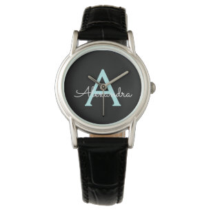 Aqua Teal Blue Script Girly Monogram Name Watch