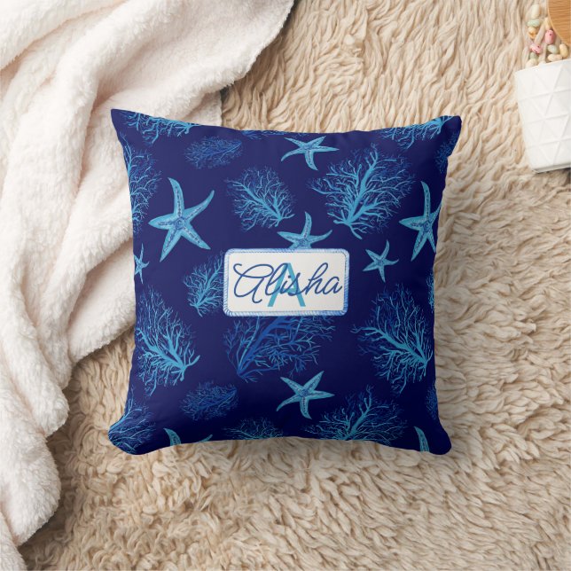Aqua-teal blue starfish-coral-custom monogram-name cushion (Blanket)