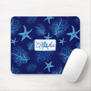 Aqua-teal blue starfish-coral-custom monogram-name mouse pad
