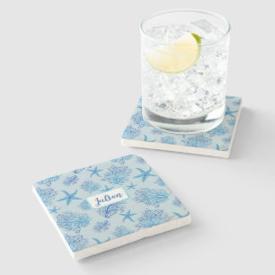 Aqua-teal blue starfish-coral-custom monogram-name stone coaster