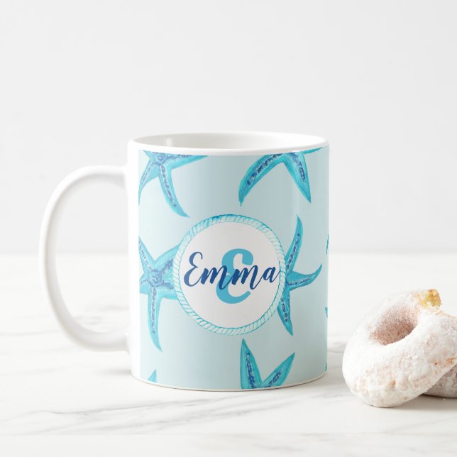 Aqua-teal blue starfish watercolor-custom monogram coffee mug (With Donut)