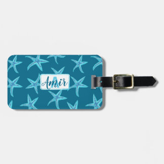 Aqua-teal-blue starfish watercolor-custom monogram luggage tag