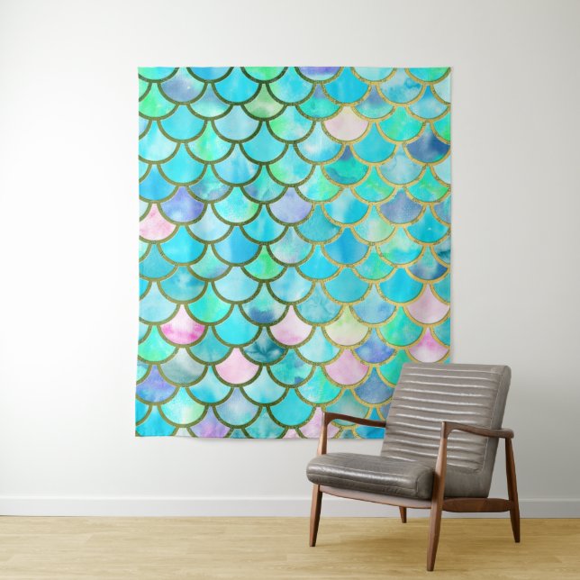 Aqua Teal Blue Watercolor Mermaid Scales Pattern Tapestry (In Situ)