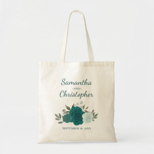 Aqua & Teal Boho Roses Couple's Names Wedding Tote Bag
