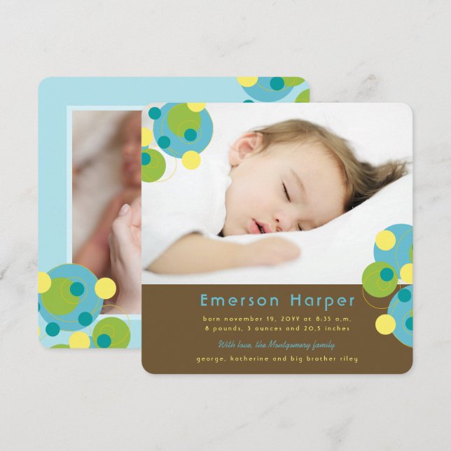 Aqua Teal Bubbly Pop Retro Circles Baby Boy Photo Holiday Card (Front/Back)