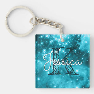 Aqua Teal Celestial Starry Monogram Key Ring