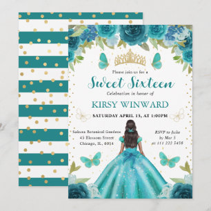 Aqua & Teal Dress Dark Skin Princess Sweet 16 Invitation