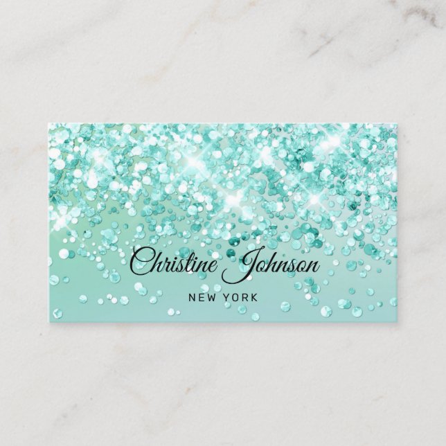 aqua teal faux chunky glitter business card (Front)