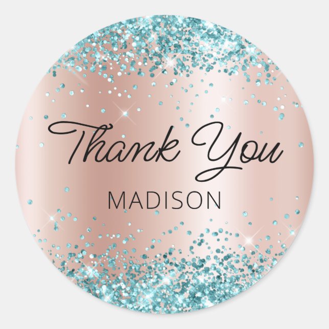 Aqua Teal Glitter Rose Gold Shimmer Thank You Classic Round Sticker (Front)