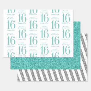 Aqua Teal Glitter Sweet 16 Personalized Turquoise Wrapping Paper Sheet