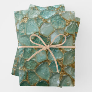 Aqua Teal Gold Mosaic Watercolor Sea Glass pattern Wrapping Paper Sheet