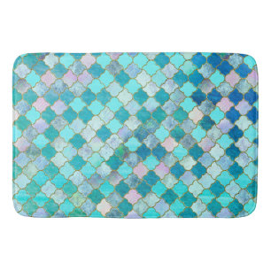 Aqua Teal Gold Oriental Moroccan Tile pattern Bath Mat
