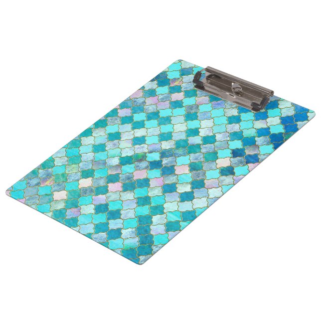 Aqua Teal Gold Oriental Moroccan Tile pattern Clipboard (Angled)