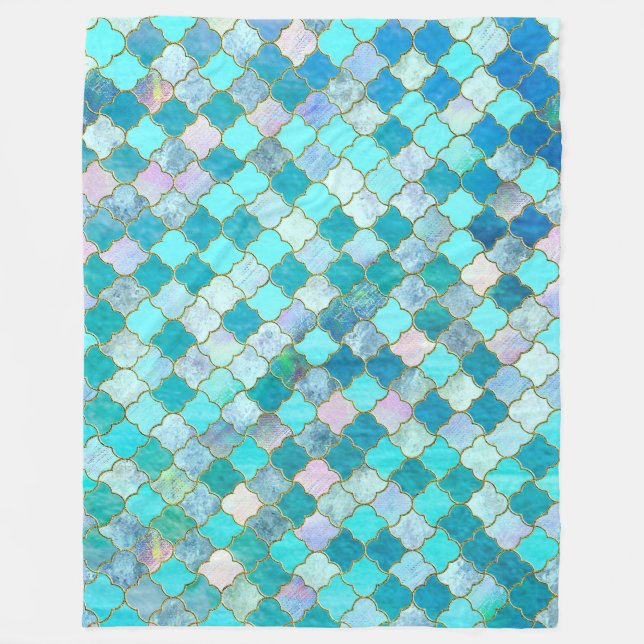 Aqua Teal Gold Oriental Moroccan Tile pattern Fleece Blanket (Front)