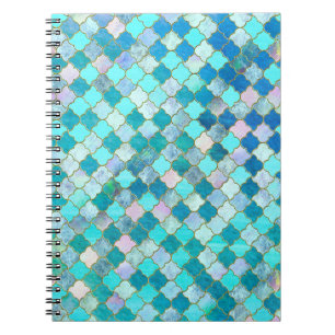 Aqua Teal Gold Oriental Moroccan Tile pattern Spiral Notebook