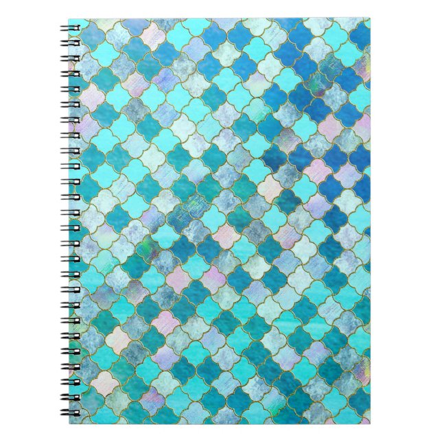Aqua Teal Gold Oriental Moroccan Tile pattern Spiral Notebook (Front)